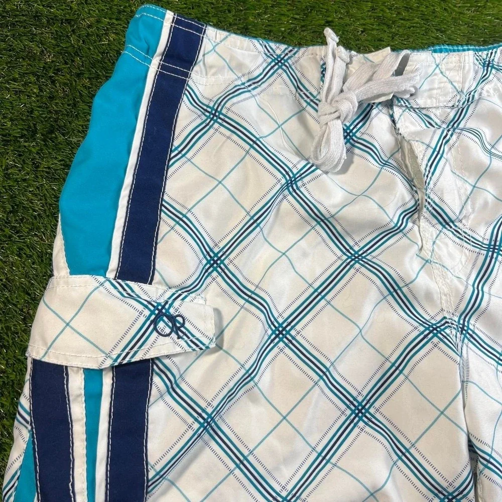 OP Ocean Pacific Plaid Swim Trunks Blue White Mesh Lined Mens Large 36 38 Surf